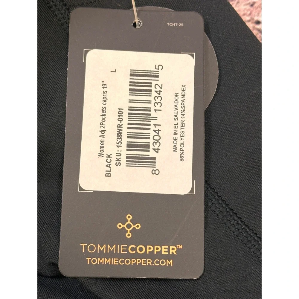 Tommie Copper Women Adj 2Pockets Capris 19" Black Compression Leggings - Picture 5 of 16